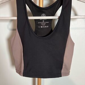 Move Theology Black Tan Sports Bra with Wide Straps and Moisture-Wicking Fabric